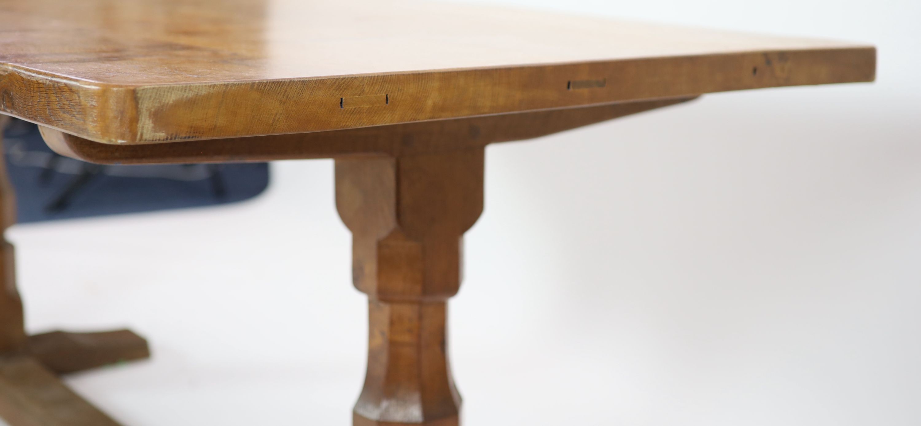 A Robert Thompson Mouseman adzed oak refectory table, W.180cm D.86cm H.74cm
